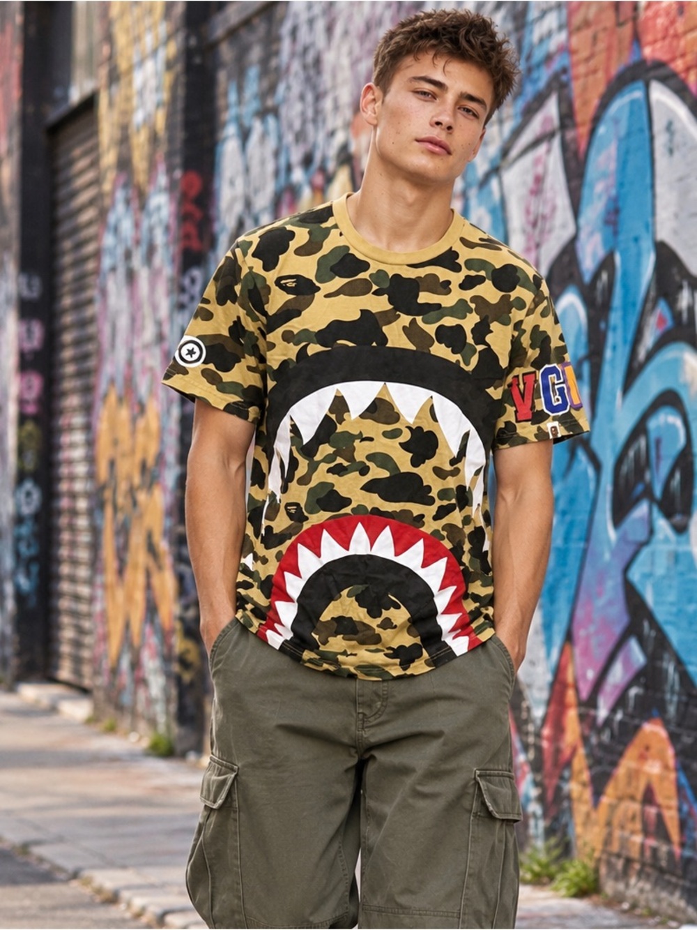 BAPE A Bathing Ape 1st Camo Shark Tee Mens L Made Japan Classic Rare Streetwear